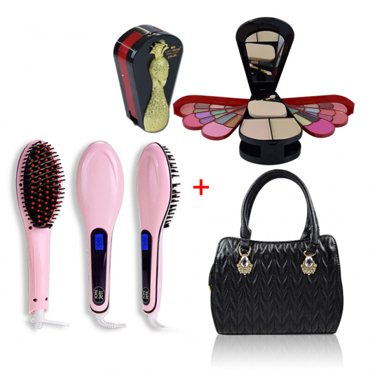 3 In 1 Bundle Ladies Bag Black+Hair Straightener Brush+Mini Peacock Makeup Kit BND17-101