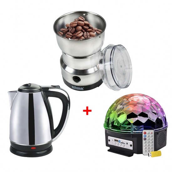 3 In 1 Bundle Offer LED Crysral Magic Ball Light Speaker + Remote Control And Nima Electric Coffee Grinder And He-House Electric Kettle 19145