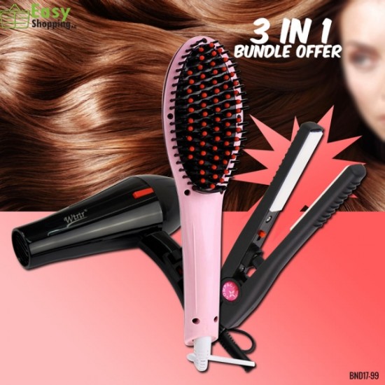3 In 1 Bundle Hair Straightener Brush+Hair Straightener Iron He-9644-L+Hair Dryer - Bnd17-99