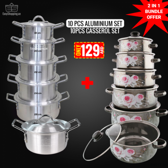 2 In 1 Bundle Offer 10 Pcs Aluminium Cookware+10 Pcs Casserole Set BND17-34